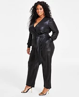 Nina Parker Trendy Plus Long-Sleeve Metallic Jumpsuit