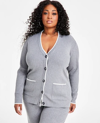 Nina Parker Trendy Plus Rib-Knit Henley Cardigan