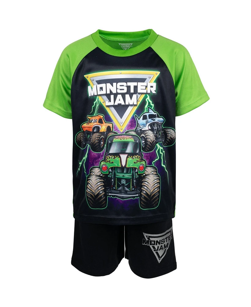 Monster Jam Boys Grave Digger El Toro Loco Megalodon T-Shirt Tank Top and French Terry Shorts 3 Piece Set to