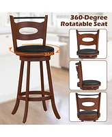 Costway Set of 2 Bar Stools 360° Swivel Dining Chairs Solid Rubber Wood Leather Padded