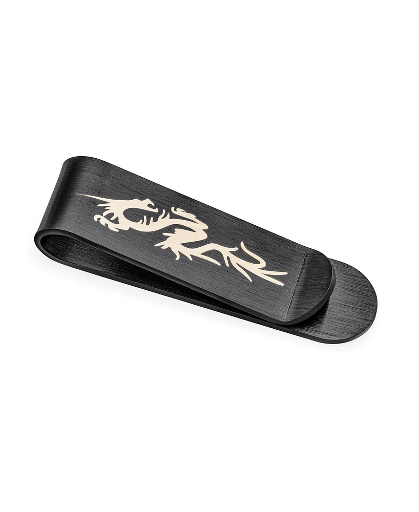 Bling Jewelry Two Tone Asian Style Black Grey Slender Strong Dragon Money Clip Card Holder Gift Father Laser Etched Black Ip Stainless Steel