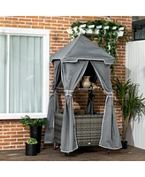 Outdoor Towel Valet Caddy, Covered Poolside Towel Holder Rack, Shelf, Basket, Rolling Pe Rattan Wicker Storage on Wheels, Gray