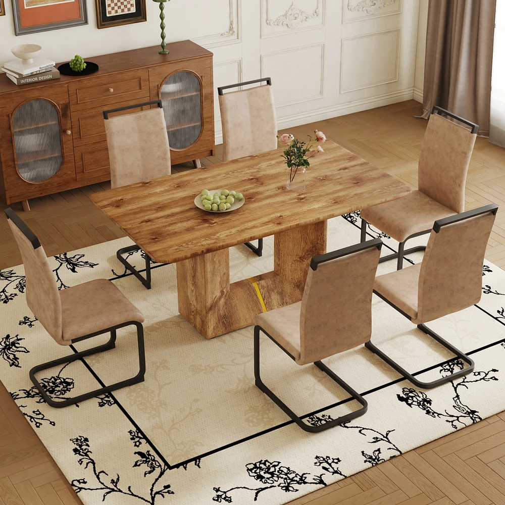 Simplie Fun Table and chair set. Modern dining table with Mdf top and beautiful Mdf legs. Comes with brown comfortable chair with Pu seat and metal le