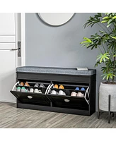Modern Shoe Rack Bench for Entryway, Storage Organizer with Cushion, 2 Drawers, Adjustable Shelf, Holds 8 Pairs, Black