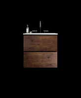 Wall Mount 24" Walnut Bathroom Vanity with Ceramic Sink with three faucet holes, Large Storage Floating Bathroom Vanity for Modern Bathroom, One-