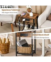 Gymax 2PCS Bedside Sofa Tables Nightstand w/ Charging Station for Bedroom Living Room