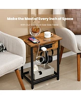 Gymax 2PCS Bedside Sofa Tables Nightstand w/ Charging Station for Bedroom Living Room
