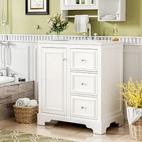 30-Inch bathroom vanity cabinet with ceramic basin, 3 drawers and adjustable shelves