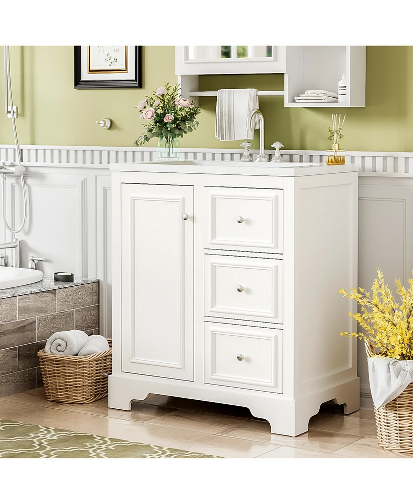 Streamdale Furniture 30-Inch bathroom vanity cabinet with ceramic basin, 3 drawers and adjustable shelves