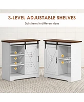 Farmhouse Coffee Bar Cabinet, 33" Buffet Sideboard with Sliding Barn Door and Adjustable Shelf, Kitchen Buffet Cabinet, White