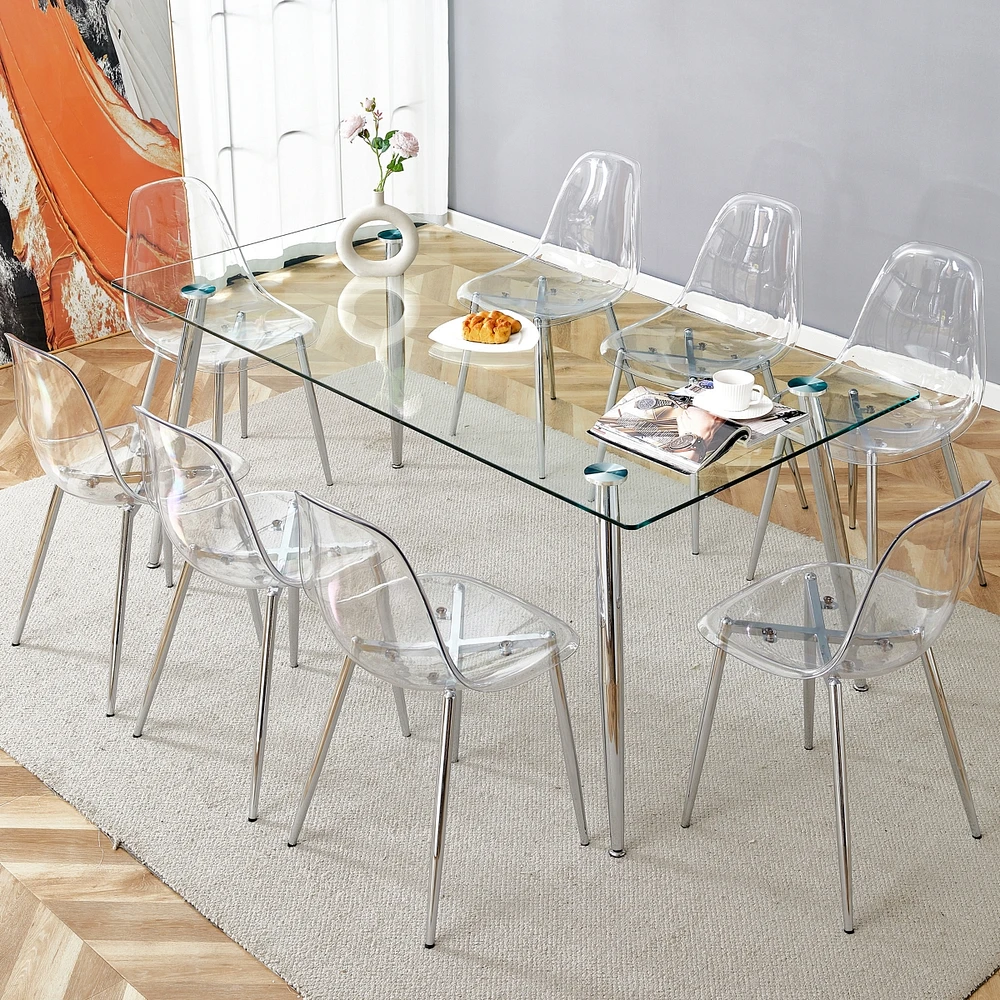 Streamdale Furniture Table and chair set.Modern rectangular glass dining table with tempered glass countertop and silver metal legs, paired with multi