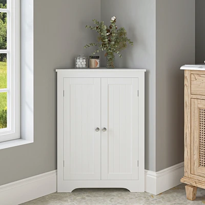 Floor Corner Cabinet with 2 Doors and Adjustable Shelves, Freestanding Narrow Cabinet Organizer, Corner Storage Cabinets for Bathroom, Kitchen, Living