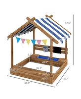 Wooden Sandbox with Canopy House Design for 3-7 Years Old, Brown