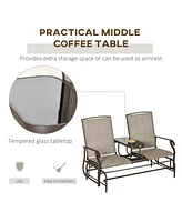 Outdoor Glider Bench with Center Table, Metal Frame Patio Loveseat with Breathable Mesh Fabric and Armrests for Backyard Garden Porch, Brown