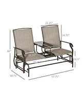 Outdoor Glider Bench with Center Table, Metal Frame Patio Loveseat with Breathable Mesh Fabric and Armrests for Backyard Garden Porch, Brown