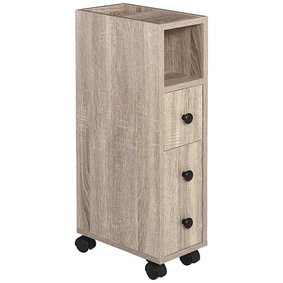 Freestanding Compact Design Bathroom Cabinet with 2 Open Cabinets, 1 Door Cabinet, 1 Drawer and 4 Rolling Wheels, Oak Grain Color