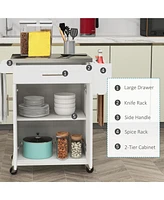 Kitchen Island on Wheels, Rolling Kitchen Cart with Stainless Steel Countertop, Drawer, Towel Rack and Spice Rack, Utility Storage Trolley, Cream Whit