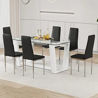 Simplie Fun Table and chair set.a rectangular dining table features with tempered glass top and sleek white Mdf stand.Paired with 6 Pu chairs with che