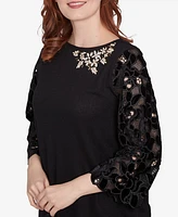 Ruby Rd. Petite Velvet Rosette Lace Sleeve Bejeweled Solid Blouse