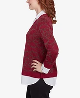 Ruby Rd. Petite Metallic Floral Layered Shirt Collar V-Neck Sweater