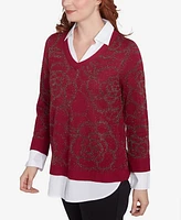 Ruby Rd. Petite Metallic Floral Layered Shirt Collar V-Neck Sweater