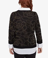 Ruby Rd. Petite Metallic Floral Layered Shirt Collar V-Neck Sweater