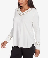 Ruby Rd. Petite Grommet Embellished Fine Gauge V-Neck Sweater