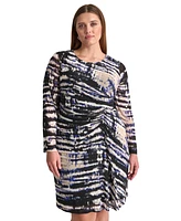 Dkny Plus Printed Side-Ruched Long-Sleeve Mesh Dress