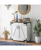 Modern Farmhouse Sideboard, Buffet Cabinet with Barn Style Door and Adjustable Shelf, Kitchen Storage Cabinet with Wood Legs, Distressed White and Bro