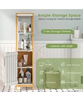 Gymax Tall Bathroom Floor Cabinet Bamboo Bathroom Storage w/Adjustable Shelf &Cupboard