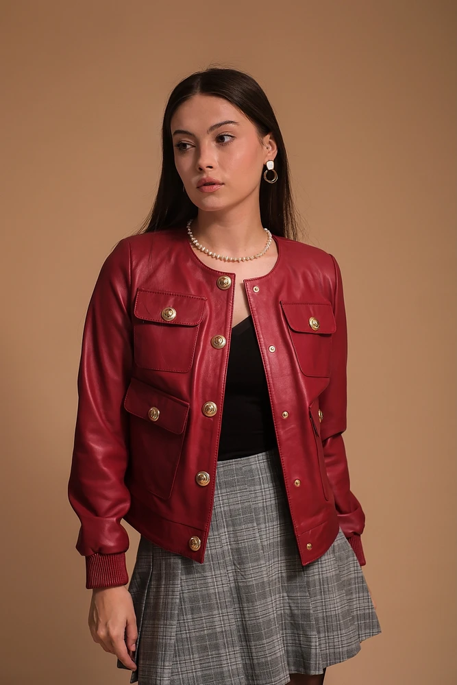 Furniq Uk Women's Leather Jacket, Burgundy, Created for Macy's