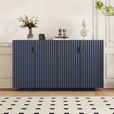 4 Wavy Doors Ample Storage Space Sideboard with Adjustable Shelves and Retro Copper Handles for Dining Room and Living Room (Black)