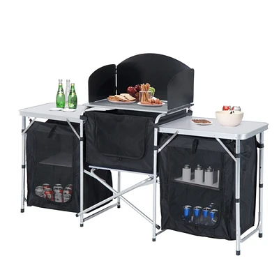 Streamdale Furniture Aluminum Portable Camping Kitchen Fold-Up Cooking Table With Windscreen and 3 Enclosed Cupboards for Bbq, Party, Picnics, Backyar