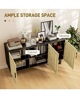 Sideboard Buffet Cabinet, Kitchen Cabinet, Coffee Bar Cabinet with 3 Rattan Doors and Adjustable Shelves, Black and Natural