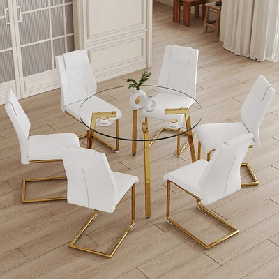 Streamdale Furniture Table and chair set.a Modern Minimalist Style Round Clear Tempered Glass Table with Metal Legs.Paired with white chairs with Mode