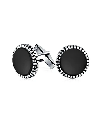 Bling Jewelry Classic Formal Geometric Blackened Pattern Edge Round Circle Natural Black Onyx Shirt Cufflinks Bullet Hinge .925 Sterling Silver