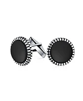 Bling Jewelry Classic Formal Geometric Blackened Pattern Edge Round Circle Natural Black Onyx Shirt Cufflinks Bullet Hinge .925 Sterling Silver