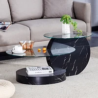 Modern and practical double-deck round table. Double storage space, made of glass tabletop and Mdf table legs. Suitable for living room and bedroom an
