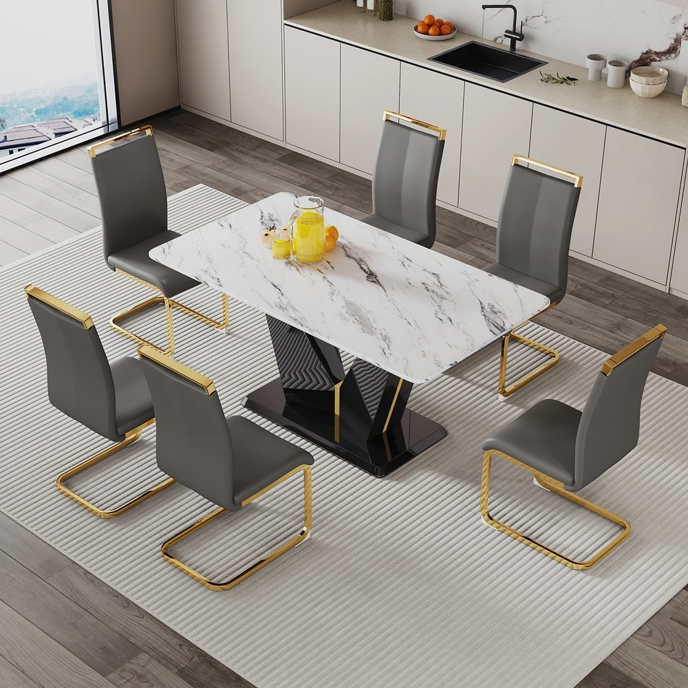 Streamdale Furniture Table and chair set, white imitation marble texture glass tabletop, black Mdf table legs