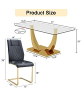 Simplie Fun Table and chair set.Modern rectangular dining table with Transparent tempered glass tabletop and gold plated metal legs.Paired with 8 comf