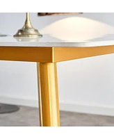 Simplie Fun Table and chair set.a morden table with White imitation marble patterned stone burning tabletop with golden metal legs.Paired with 4 chair