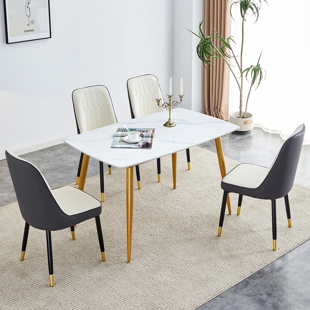 Streamdale Furniture Table and chair set.a morden table with White imitation marble patterned stone burning tabletop with golden metal legs.Paired wit