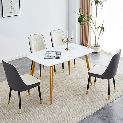 Streamdale Furniture Table and chair set.a morden table with White imitation marble patterned stone burning tabletop with golden metal legs.Paired wit