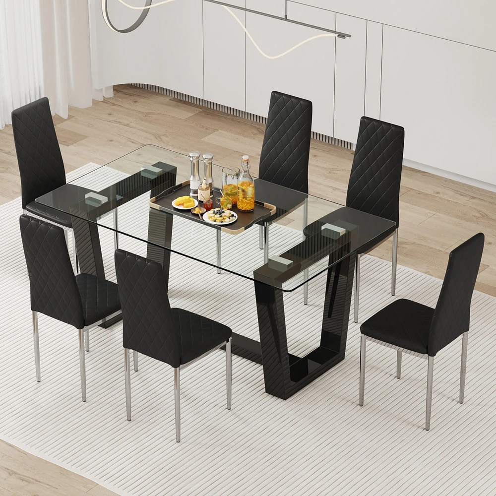 Streamdale Furniture Table and chair set.a rectangular dining table features with tempered glass top and sleek black Mdf stand.Paired with 6 Pu chairs