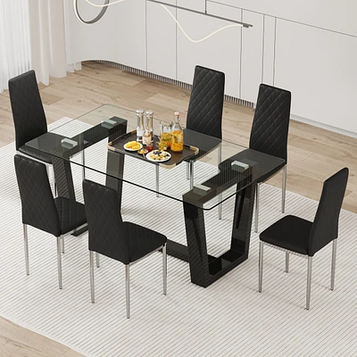 Simplie Fun Table and chair set.a rectangular dining table features with tempered glass top and sleek black Mdf stand.Paired with 6 Pu chairs with che