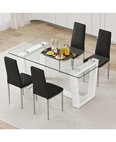 Streamdale Furniture Table and chair set.a rectangular dining table features with tempered glass top and sleek white Mdf stand.Paired with 4 Pu chairs