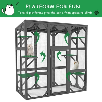 Streamdale Furniture Catio Outdoor Cat Enclosure Cat House Wooden Cat Cage Large Feral Cat Shelter for Mulitiple Cats with Six Platforms, Large Enter