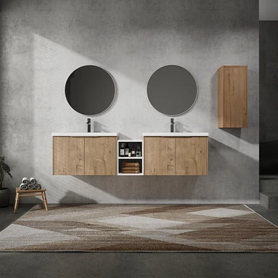 72" Wall-Mounted Bathroom Vanity With Sink and Side Cabinet, Soft Close Doors
