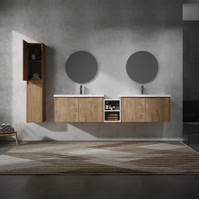 84" Wall-Mounted Bathroom Vanity With Sink and Side Cabinet, Soft Close Doors