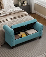 64.5" Bed Bench for Bed Room Nails Tufted Chaise of Lounge with Storage Velvet Upholstery Lake Blue